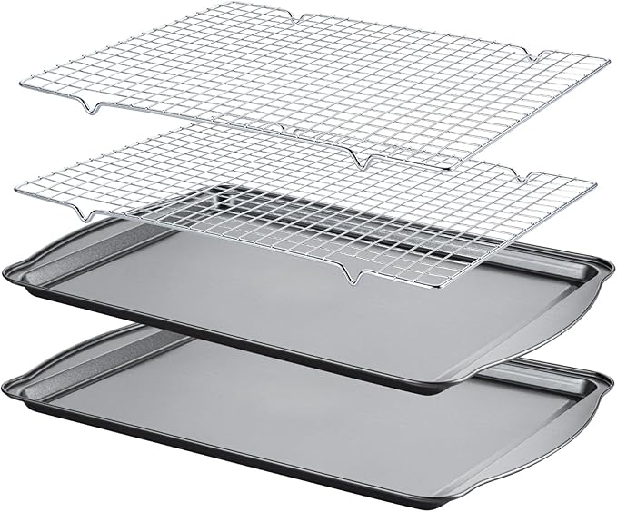 Baking Sheet with Cooling Racks - Carbon Steel Cookie Sheets for Baking [2 Sheets + 2 Racks], Nonstick Baking Pans, Perfect for Baking, Roasting, and More, Size 17 x 11 x 0.5 Inches
