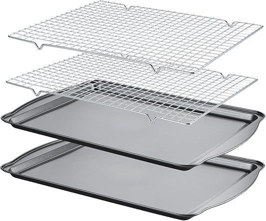 Baking Sheet with Cooling Racks - Carbon Steel Cookie Sheets for Baking [2 Sheets + 2 Racks], Nonstick Baking Pans, Perfect for Baking, Roasting, and More, Size 17 x 11 x 0.5 Inches