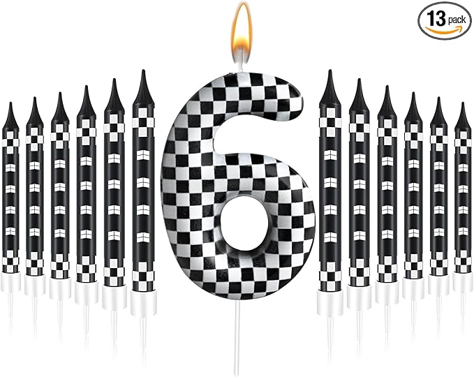 13 Pcs Racing Cars Themed Birthday Candles 12 Black and White Race Number 6 Checkered Candle Cake Topper for Racing Car Party Decoration Supplies (Number 6)