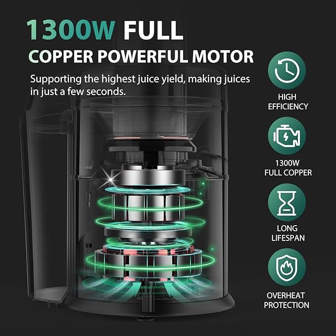 1300W KOIOS Centrifugal Juicer Machines, Juice Extractor with Extra Large 3inch Feed Chute, Full Copper Motor, Titanium-Plated Filter, High Juice Yield, 3 Speeds Mode, Brush included, Non-BPA, Green