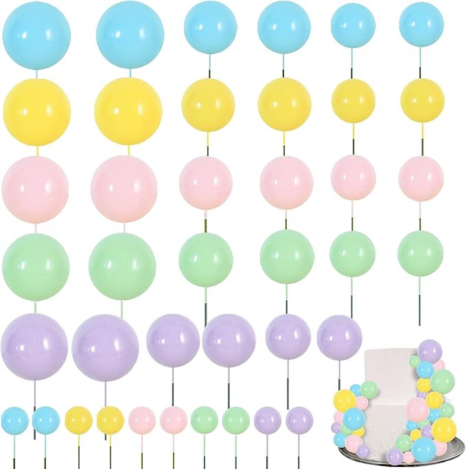 BEISHIDA 40 Pcs Foam Ball Cake Toppers with Sticks Mini Cake Decorations for Birthdays, Weddings, Baby Showers, DIY Baking Supplies, Anniversary Party (Pastel Color)