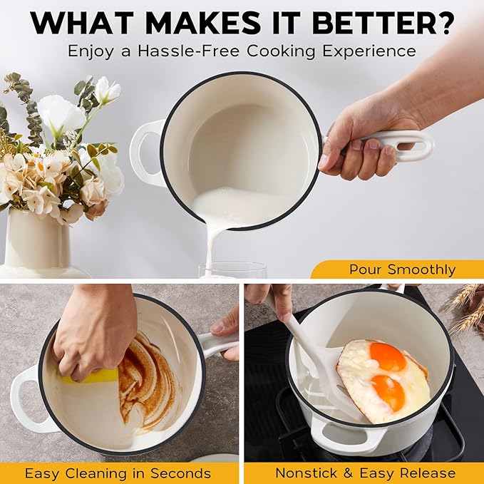 2 Quart Saucepan Dutch Oven, Onader Enameled Cast Iron Sauce Pan Pot with Lid, Small Cooking Kitchen Pot, Nonstick & Oven Safe – White