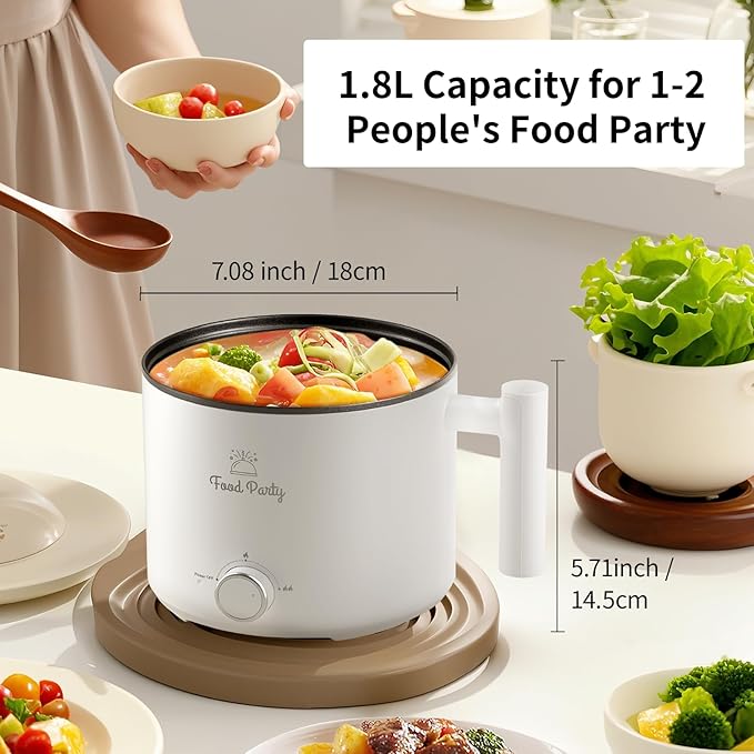Food Party Hot Pot Electric Pot for Cooking Ramen Cooker 1.8L College Dorm Room Essentials Mini Hotpot Shabu Shabu Pot 110V Noodle Cooker Non Stick