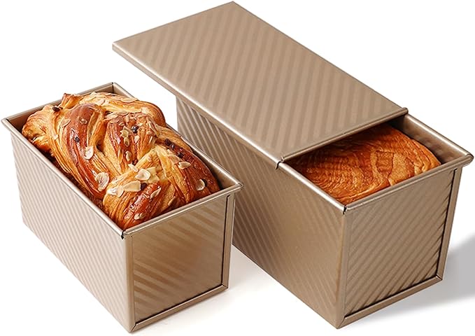 2 Pack Pullman Loaf Pan with Lid, 1 lb/0.5 lb Dough Capacity, Carbon Steel Corrugated, Non-Stick Sandwich Bread Loaf Pan with Lid