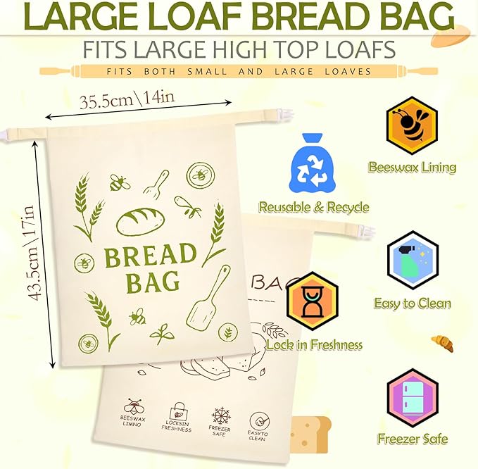 2 Pack Beeswax Bread Bag for Sourdough - Reusable Sourdough Bread Bags, Bread Bags for Homemade, Keep Your Loaf Fresh for Days Extra Large and Easy to Clean Cotton Storage Bag XL 17x13 Inch