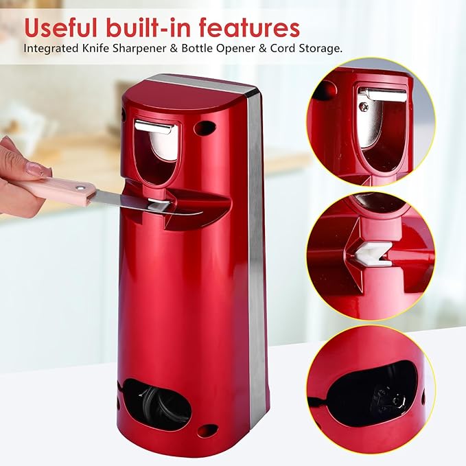 Davivy Electric Can Opener for One Touch Lid Opening,Removable Stainless Steel Cutter and 3- in-1 Design with Knife Sharpener and Bottle Opener, Red
