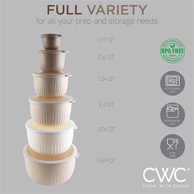 COOK WITH COLOR Prep Bowls with Lids- Wide and Deep Nesting Plastic Small Mixing Bowl Set with Lids, 12 Piece Set - Deep Bowls, Brown