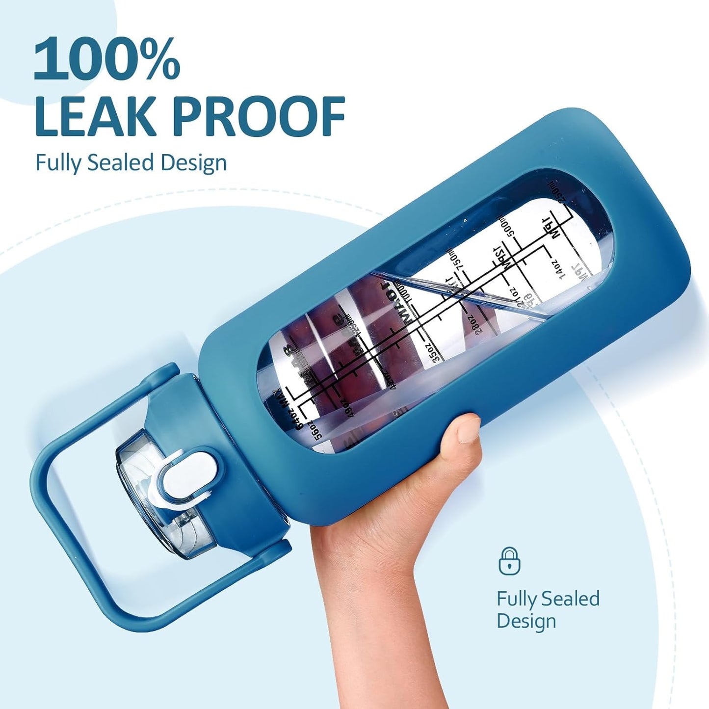 kytffu 64oz Glass Water Bottles with Straw, Half Gallon Motivational Glass Bottle with Silicone Sleeve and Time Marker, 2L Leakproof Large Glass Water Jug for Gym Home Office,Iron Blue