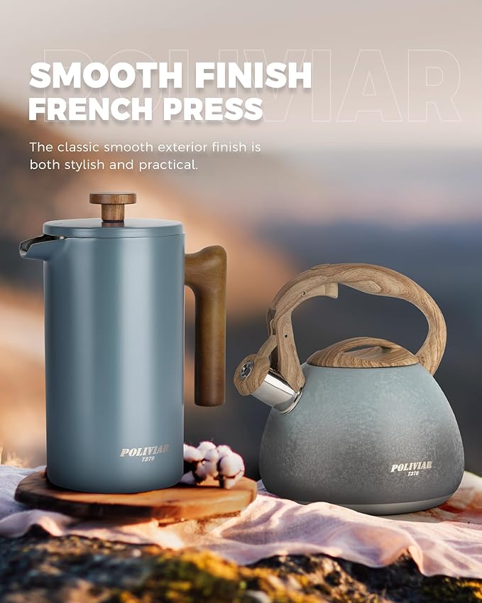 POLIVIAR French Press Coffee Maker, 34 oz Coffee Press with Real Wood Handle, Double Wall Insulation & Dual-Filter Screen, Food Grade Stainless Steel for Good Coffee and Tea (Alpline)