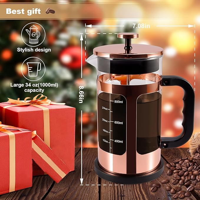 French Press Coffee Tea Maker， Upgrade Heat Cold Resistant Thickened Glass with 4 Level Stainless Steel Filtration System Brew Coffee & Tea， BPA Free, Large 1000ml 34oz,Rose Gold
