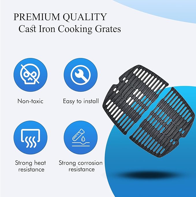 Shengyongh CC7645 (2-Pack) 21.5 x 15.3 inches Cast Iron Cooking Grid Grates Replacement for Weber Q200 Series, Q2000 Series, Q2200, Q2400, 53060001 Grill Models, Replacement for Weber 7645
