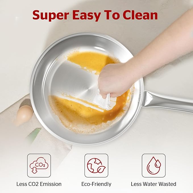 Sunhouse 18/10 9 Inch Stainless Steel Frying Pan, Whole-Clad No Coatings Skillet with Stay-cool Handle for Cooking, Durable & Oven Safe to 500°F, Dishwasher Safe, Compatible with All Cooktops