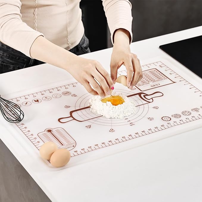 Silicone Baking Mat, Extra Thick Dough Rolling Pad with Measurements and Edge Heightening, Non-stick Food Grade Silicone Pastry Mat for Pastry, Bread, Cookies (Transparent, 20"L x 28"W)