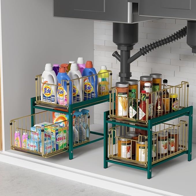 2 Tier Sliding Basket Drawer Organizer, Lxmons Pull Out Under Sink Cabinets Organizers, Metal Home Shelf for Bathroom or Kitchen, Sliding Countertop or Pantry Storage Shelf, Large Gold Green
