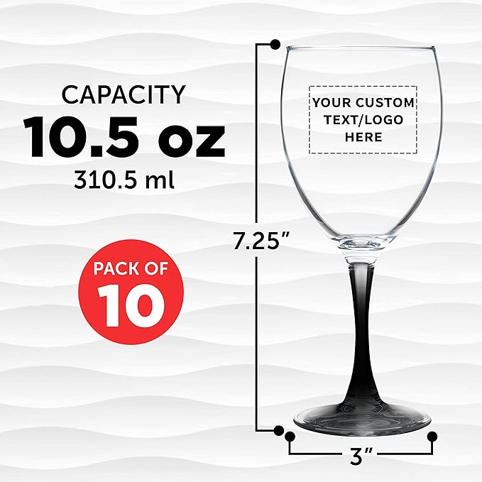 Custom Nuance Wine Glasses by ARC 10.5 oz. Set of 10, Personalized Bulk Pack - Restaurant Glassware, Perfect for Red Wine, White Wine, Cocktails - Black