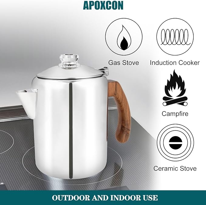 Coffee Percolator Pot Stainless Steel Coffee Maker with Tough Glass Knob & Fireproof Solid Wood Handle & Drip-Free Spout Camping Coffee Pot Using on any Stovetop NO Aluminum NO Plastic (8 Cup)