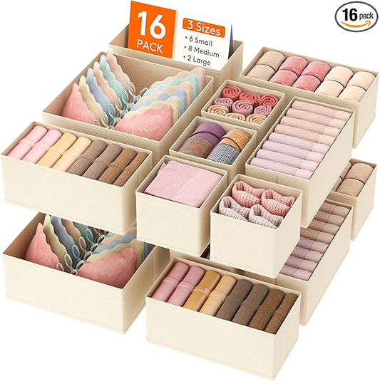 Lifewit 16 Pack Drawer Organizer, Dresser Underwear Drawer Organizer Bins, Foldable Fabric Closet Organizers, Storage Drawer Dividers, Dorm Room Essentials for Clothing, Socks, Towels, Ties Khaki