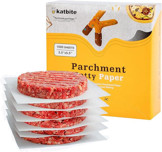 Katbite Hamburger Patty Paper 1000Pcs, 5.5"x5.5" Non Stick Parchment Paper Squares Sheets for Patty Seperate, Burger Press, Ground Beef, Freezing or Candy Wrappers, Use for Oven, Microwave or Freezer
