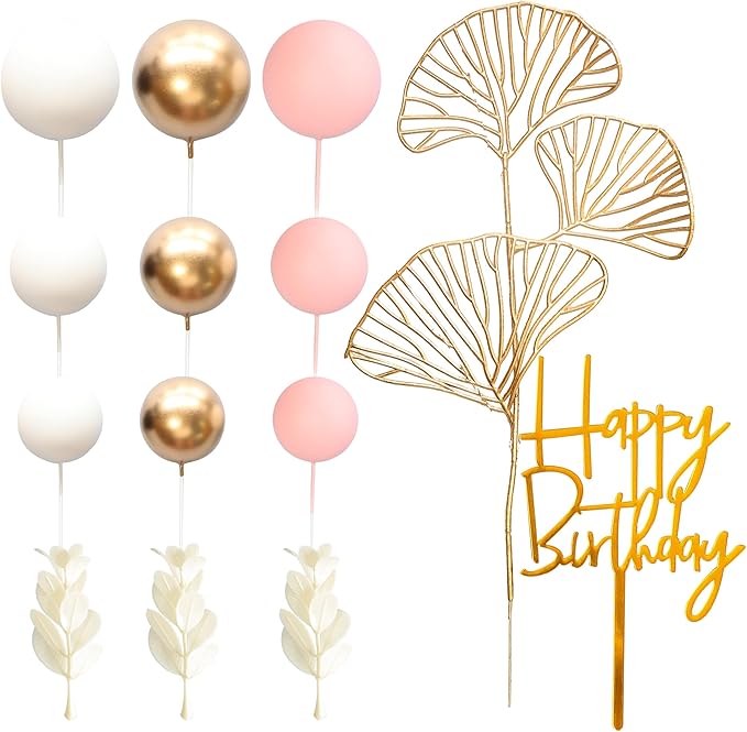 Gyufise 57Pcs Balls Cake Topper Boho Grass Cake topper Pearl Balls Acrylic Happy Birthday Cake Decorations for Wedding Baby Shower Birthday Boho Themed Party Supplies Pink