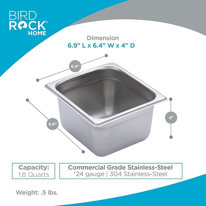 BIRDROCK HOME Stainless Steel Steam Table Pan - Hotel, Restaurant & Catering Supplies - 24 Gauge Steel, 1.8 qt Capacity - Meal Prep, Cooking, & Food Storage Container - 4" Depth, 1/6-Size (6 Pack)