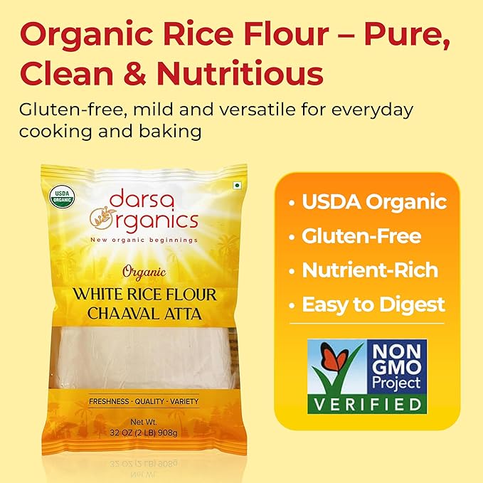 Darsa Organics White Rice Flour - Premium Organic, USDA Certified, Non-GMO, Gluten-Free Rice Powder for Baking & Cooking, Chemical-Free, Long Shelf Life, Food Grade Pouch - 2 lb (908g)