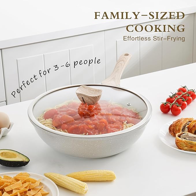 Ceramic Wok Pan, 12 Inch Nonstick Wok with Lid, Healthy Non Toxic Woks & Stir-fry Pans for Cooking, Induction Cookware, PFOA & PFAS Free