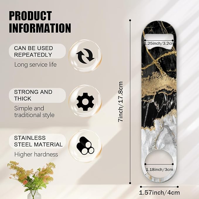 2 PACK Beer Bottle Opener, Stainless Steel Flat Bottle Openers,7 inch Metal Decor,Black And Golden Marble