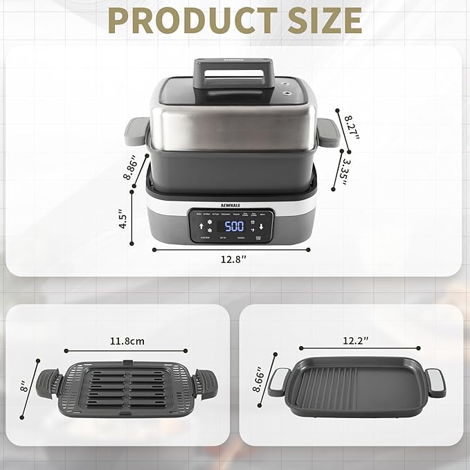 AEWHALE 8-in-1 Programmable 4.5-Quart Multi-Cooker with Air Fryer,Slow Cooker,Food Steamer,Dehydrate &More, Family-Sized Capacity,Grey