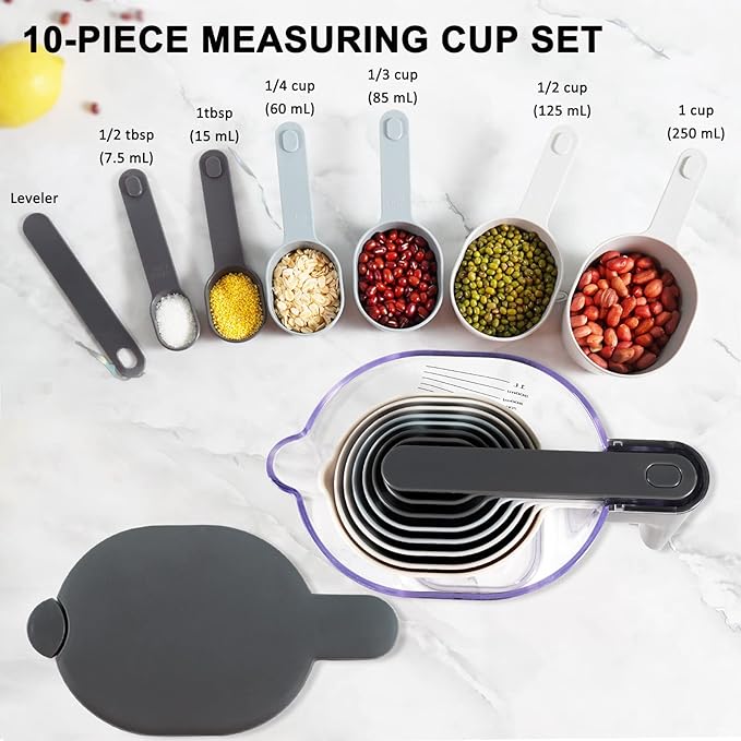 19 Pieces Measuring Cups and Spoons set, Includes 10 Stackable Measuring Cup with Lid and 9 Magnetic Measuring Spoons, BPA Free, Dishwasher Safe (Multicolor)