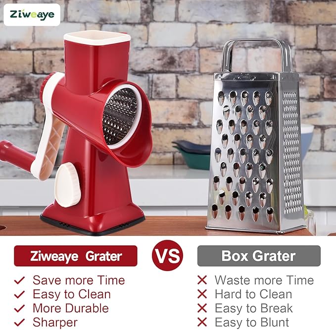 Rotary Cheese Grater Hand Crank Cheese Shredder Vegetable Mandoline Slicer for Kitchen 3 in 1 Changeable Blades for Cheese Potato Nuts Chocolate Ice (RedWhite)