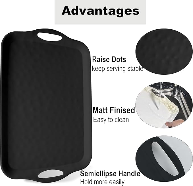 Extra Large Serving Tray with Handles, 20x13 inch, Set of 2 Melamine Platters for Serving Food, Turkey, Cookie, Rectangular Trays for Eating, Raised Dots Matt Finished, Dishwasher Safe, Black
