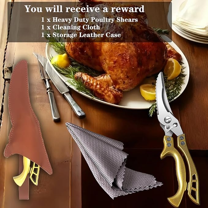 ANDONG Poultry Shears Heavy Duty Kitchen Shears with Serrated Edge, Kitchen Scissors spring loaded, Chicken Shears Heavy Duty Professional, Gold