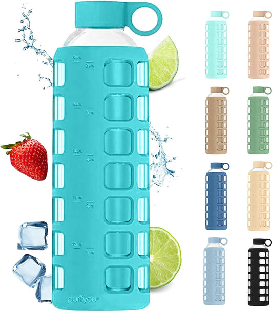 purifyou 40oz / 32oz / 22oz / 12oz Borosilicate Glass Water Bottle with Time & Volume Markers, Silicone Sleeve, Stainless Steel Lid – Reusable Glass Bottle for Water & Juice (32oz Aqua Blue)