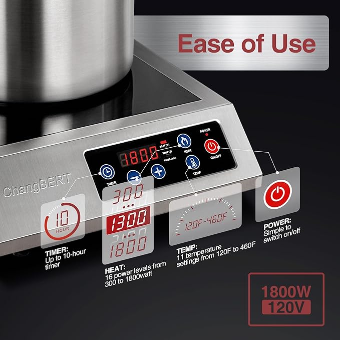 ChangBERT Portable Induction Cooktop 1800W NSF Certified Commercial Range Powerful Countertop Burner Pro Chef Professional Hot Plate Premium Stainless Steel Housing Schott Glass 10 Hours Timer