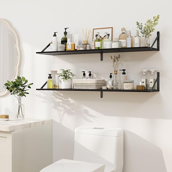 Heimlove Black Deep Floating Shelves for Wall, 40W x 8D Wood Wall Shelves Set of 2, Wide Floating Bookshelf for Living Room, Kitchen, Office, Bedroom and Decor Storage, with Metal Bracket - Black