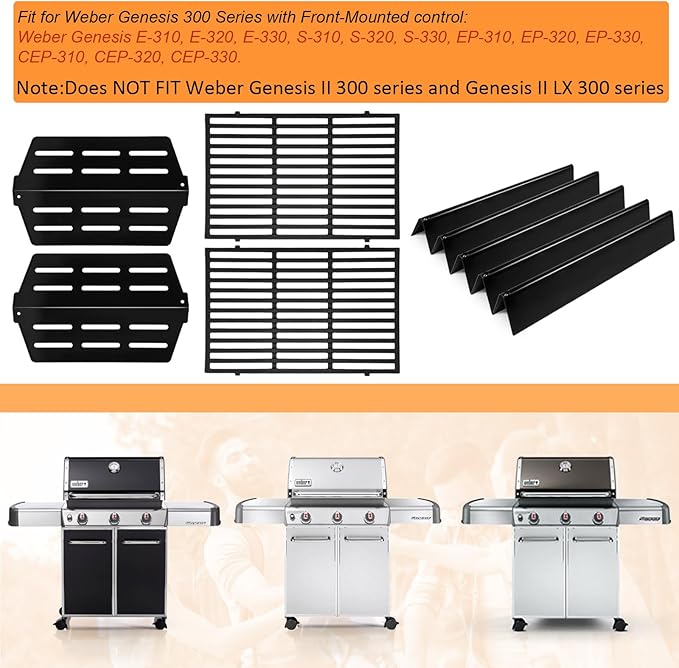 Grill Parts Replacement for Weber Genesis 300 Series E310, E320,E330,S310, S320, S330, EP310, EP320, EP330 with Front-Mounted Control,7620 Flavor Bar 7524 Grill Grates 7622 Heat Deflector