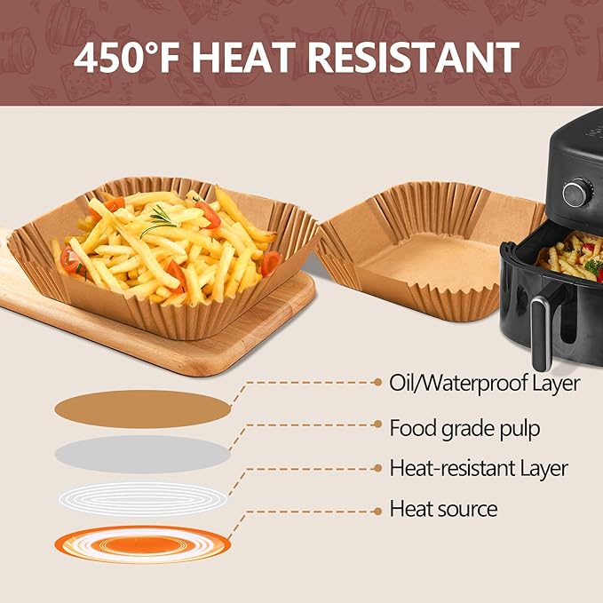 UBeesize 7.5 Inch Air Fryer Paper Liners,300 PCS Parchment Paper, Air Fryer Disposable Paper Liners for Microwave, Non-Stick Sheets Square Free of Bleach（Bottom size 6.3 Inch）