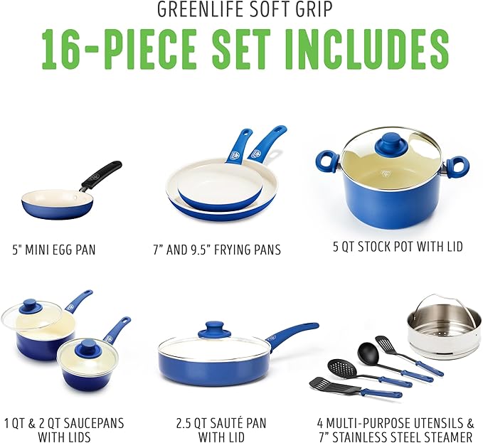 GreenLife 16 Piece Nonstick Cookware Set, Soft Grip Non-Toxic PFAS-Free Ceramic Pots & Pans, Dishwasher & Oven Safe, Frying, Sauce, Saute, Utensils, Glass Lids, Stay-Cool Handles, Wobble Free, Blue