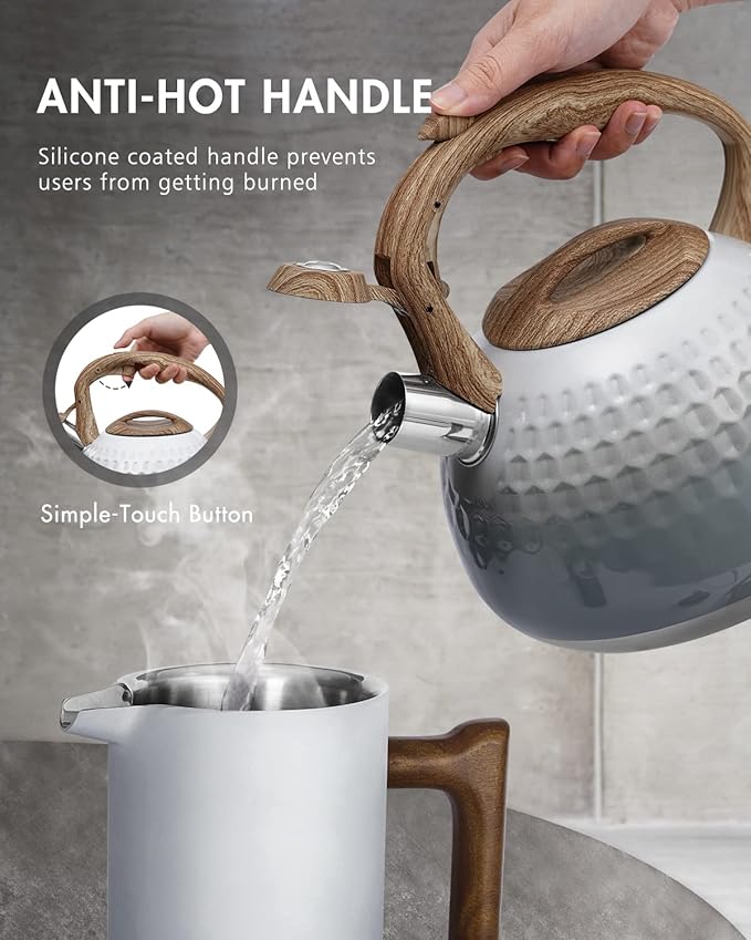 POLIVIAR Tea Kettle, Antique White Stovetop Tea Kettle 2.7 Quart, Audible Whistling Teapot, Food Grade Stainless Steel for Anti-Rust, Anti Hot Handle, Suitable for All Heat Sources (JX2020-YH30)