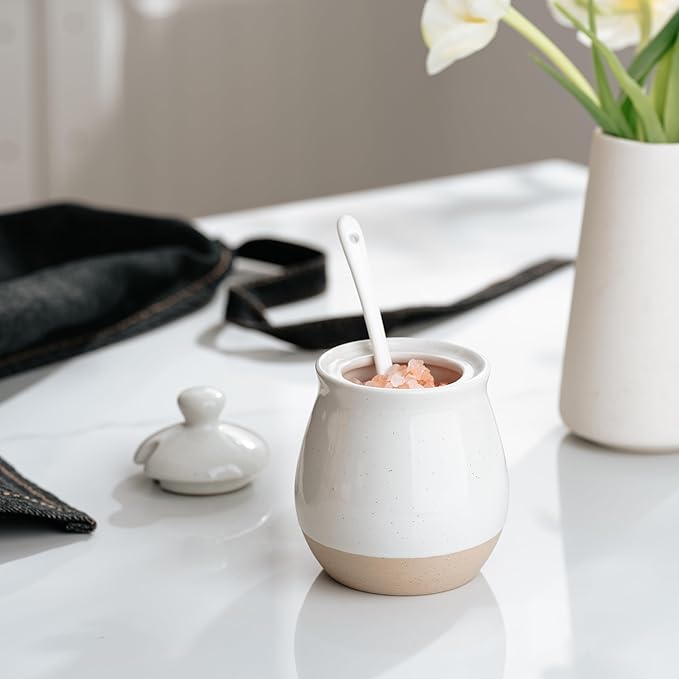 famiware Milkyway Sugar Bowl with Lid and Spoon, 10oz Ceramic Sugar Jar/Pot/Dispenser for Salt, Condiments, Spice, Seasonings, Sugar Container for Coffee Bar, Home, Kitchen, and Countertop, White