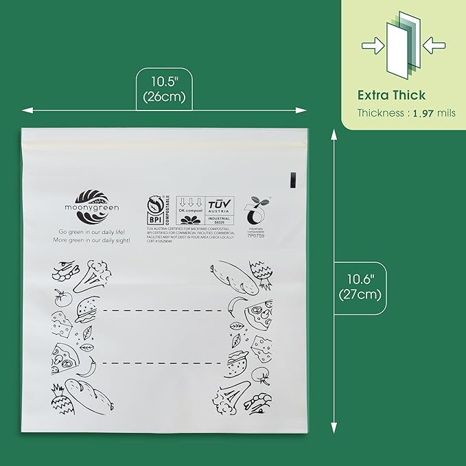 Compostable Food Storage Bags, Large Gallon Resealable Freezer Bags, 50 Count, 10.5 x 10.6 inches, Extra Thick, Certified US BPI ASTM D6400 Europe OK Compost