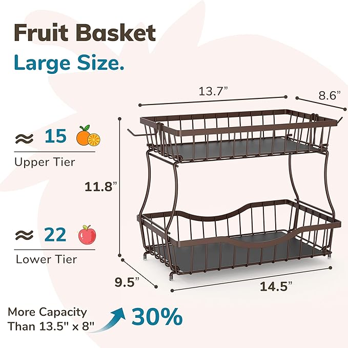 Large 2-Tier Fruit Basket for Kitchen Counter with 2 Banana Hangers – Metal Fruit Bowl for Onion, Vegetable, Snacks, Breads Storage – Countertop Organizer – Bronze