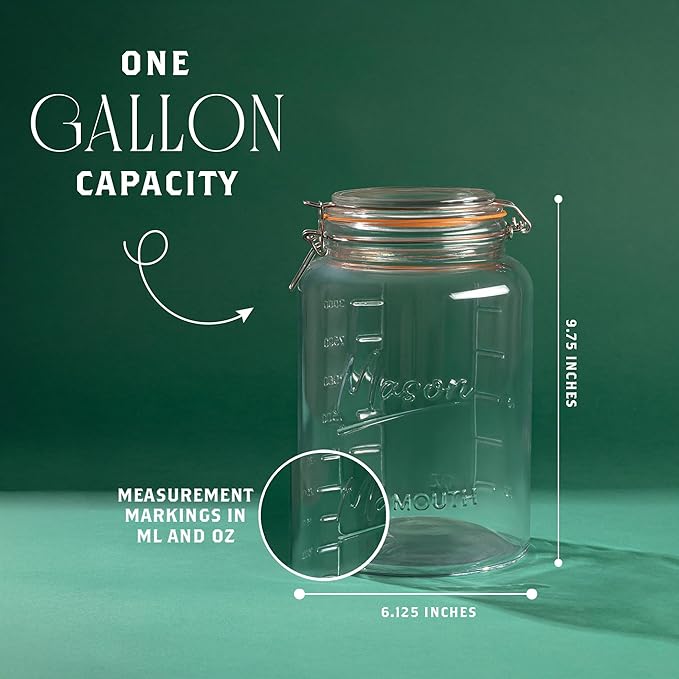 kitchentoolz 1 Gallon Glass Mason Storage Jars with Airtight Lids & Measurment Marks, Super Wide Mouth Canning Jars with Large Capacity for Pickles, Water Glassing & Overnight Oats - 2 Pack