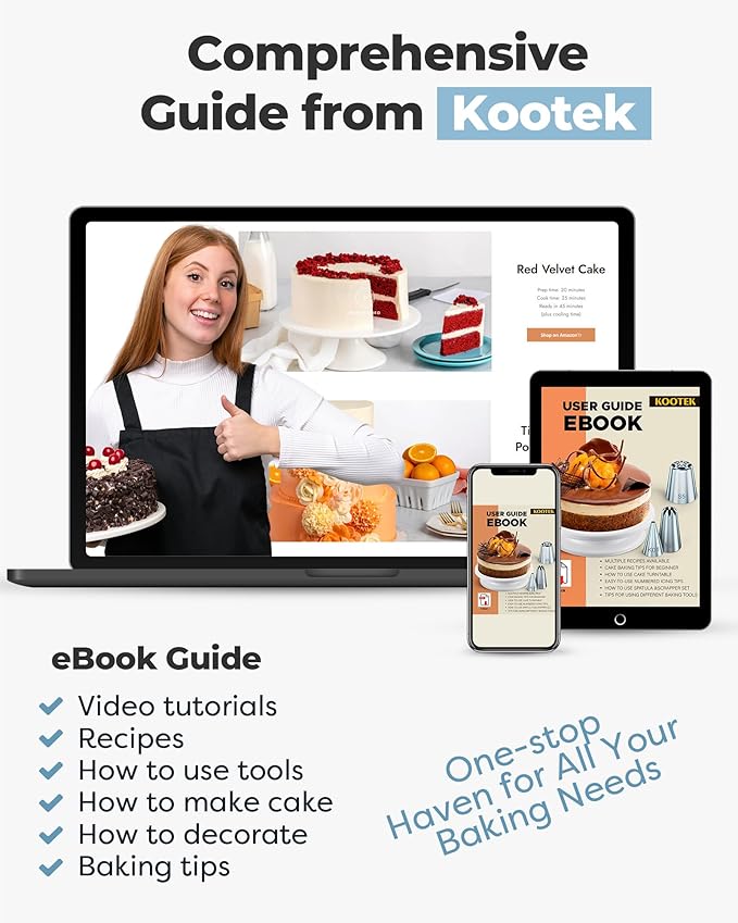 Kootek 71PCs Cake Decorating Kit, Baking Supplies Tools - Includes Cake Stand Turntable, 12 Icing Piping Tips, 2 Frosting Spatulas, 3 Scrapers, 50+2 Piping Bags, Coupler, Video Tutorial, Booklet
