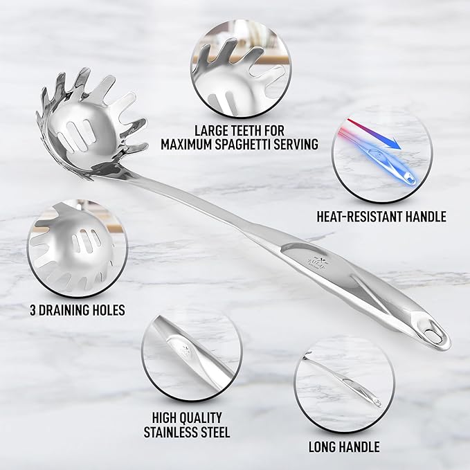Zulay Kitchen Premium Stainless Steel Spaghetti Spoon - Pasta Spoon with Teeth - Metal Pasta Spoon - Pasta Fork Noodle Spoon - Easy to Use & Clean Pasta Utensil - 12’ Pasta Server