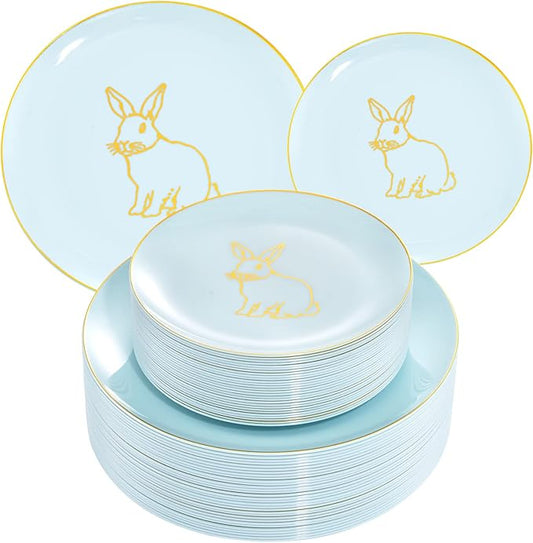 KIRE 60 Pieces Easter plates with Gold Bunny-Mint Green Plastic Plates include 30Pieces 10.25inch Dinner Bunny and 30Pieces 7.5inch Green Dessert/Salad Plates for Easter Day