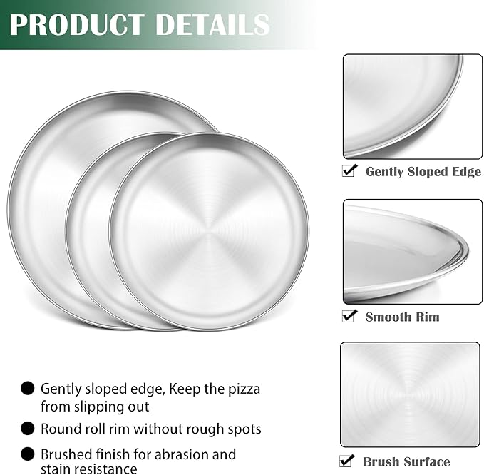 P&P CHEF 12 + 12 + 13.5 Inch Pizza Pan, 3 Pieces Stainless Steel Round Pizza Tray Dish Plate For Oven Baking Roasting, Healthy & Heavy Duty, Rust Free & Dishwasher Safe -Silver