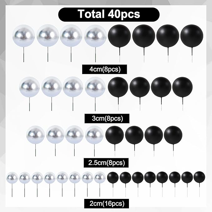 BEISHIDA 40 Pcs Ball Cake Toppers Mini Balls Cake Decorations Black Silver Foam Balls Sticks DIY Cake Topper for Baking Congrats Grade 2025 Graduation Birthday Retirement(Black Silver)