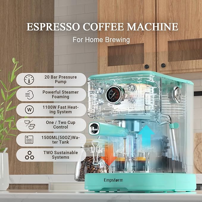 Espresso Machine Latte Coffee Makers 20 Bar, 2 IN 1 Professional Cappuccino Machine and Milk Frother Steam Wand Compatible for NS Original Capsules for Home Brewing - Blue