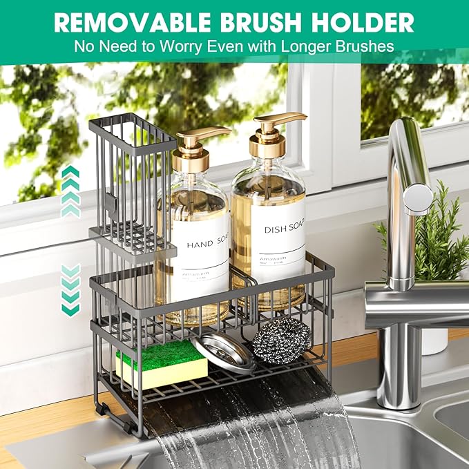 Sponge Holder for Kitchen Sink, 2 Tier Sink Caddy Organizer with High Brush Holder, Self-Draining Sponge Holder for Sinks, Soap Dispenser Organizer, Rustproof 304 Stainless Steel, Gray